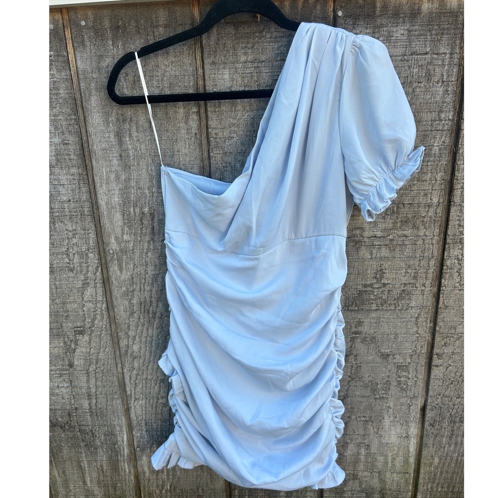 Hello Molly One Shoulder Ruched Mini Dress Baby Blue NWT US 8 Sorority Rush
